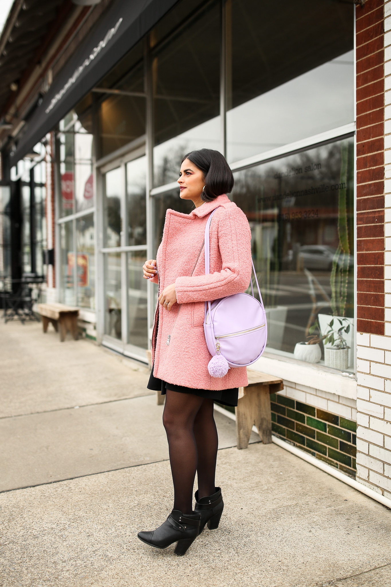 Priya the Blog, Nashville fashion blog, Nashville fashion blogger, Nashville style blog, Nashville style blogger, Rag & Bone Harrow booties, cute Winter outfit, how to style a winter coat, pink fuzzy coat, pink teddy coat, how to wear a pink winter coat, ban.do circle purse, all black Winter outfit