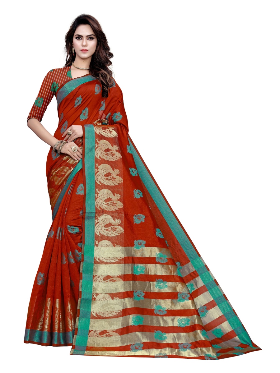  Women's Art Silk, Jacqaurd Saree With Blouse (Red, 5-6 Mtrs)