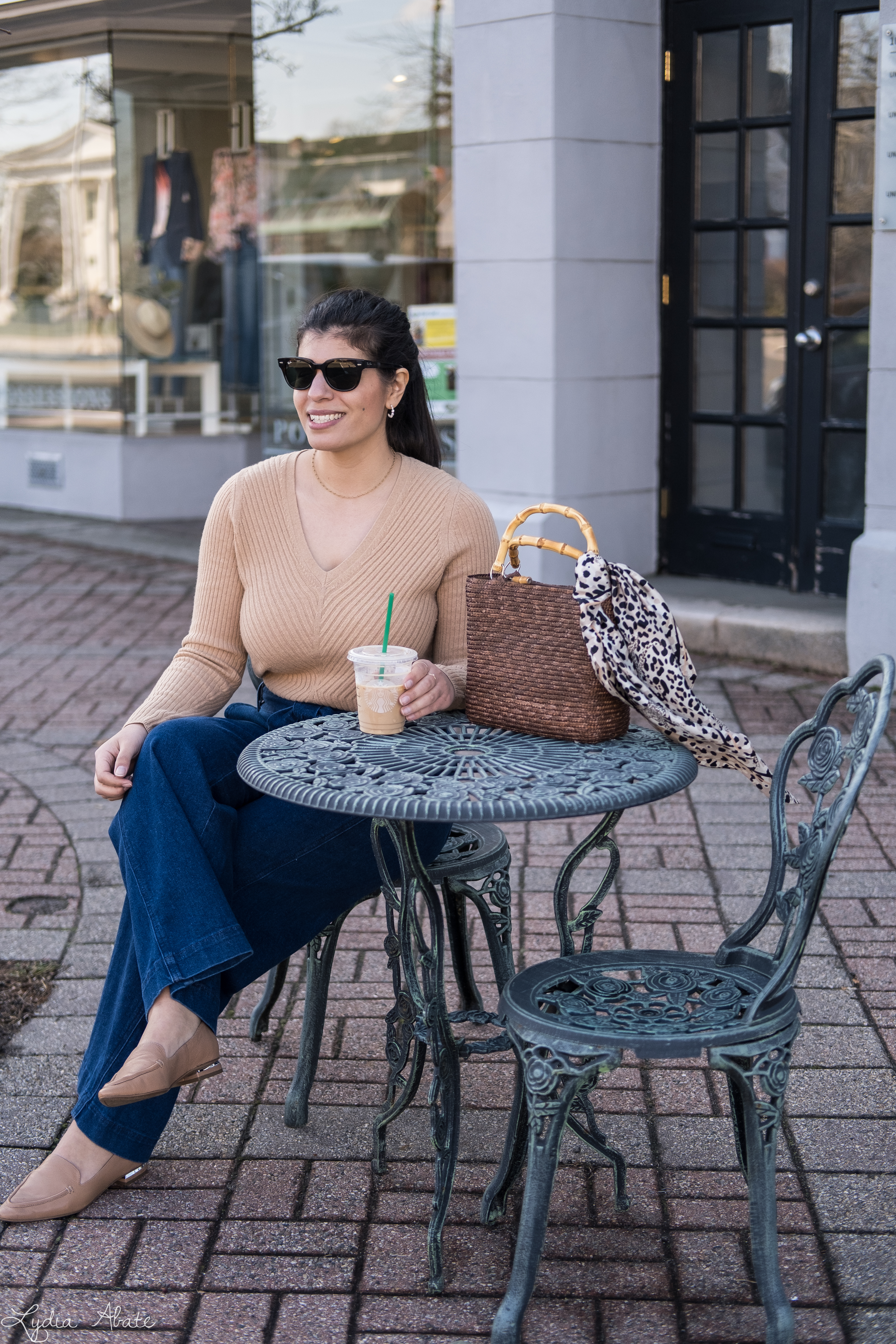 camel v neck sweater, high rise wide leg jeans, brown straw bag, leopard scarf-2.jpg