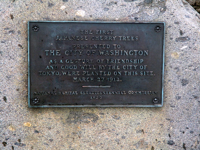 Close-Up of Plaque Commemorating First Cherry Tree Planting