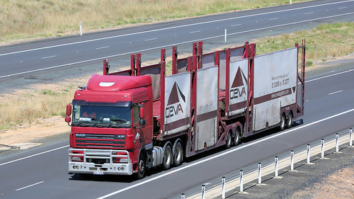 car carrier ceva daf xf 105 autocare patricks kenworth kw t359 flyover holbrook nsw new south wales milton area hp horsepower big rig haul freight cabover trucker drive transport delivery bulk lorry hgv wagon road highway nose semi trailer cargo interstate articulated vehicle load freighter ship motor engine power teamster truck tractor prime mover diesel injected driver cab cabin wheel exhaust double b australia australian rest hume