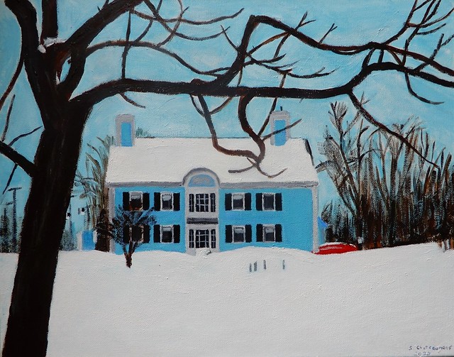 Acrylic Painting Of L'Hussier Insurance Auto Home In Blue At Wintertime - Painted by STEVEN CHATEAUNEUF (2020)