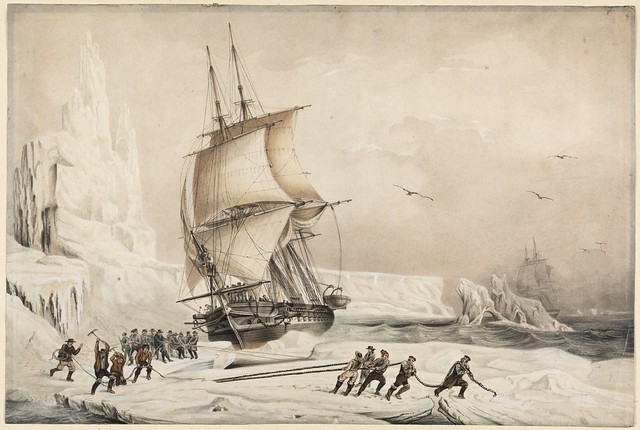 Les Corvettes L'Astrolabe Et La Zelee caught in Antarctic ice, watercolour by A. Mayer. (1838)