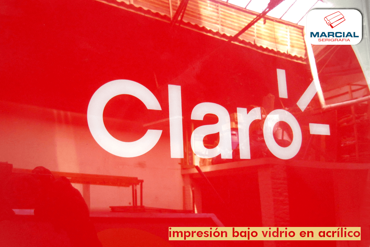 Backlight printing (suitable for transilluminating) and also suitable for thermoforming on crystal acrylic of the cell phone brand "Claro", printed by Marcial SilkScreen in 1 color + White background.