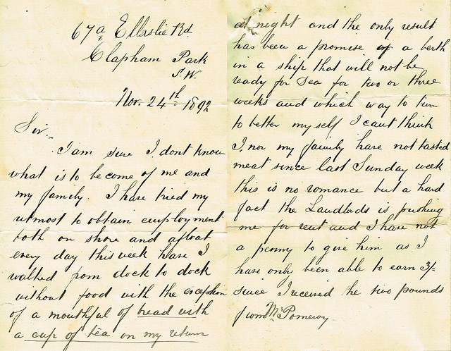 Letter from Thomas Cann, Clapham Park, Surrey, to Robert Hunter, Solicitor asking for help as he and his family are destitute, dated 24th November 1892    p1-2