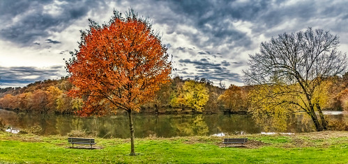 ultravividimaging ultra vivid imaging ultravivid colorful canon canon5dm3 clouds stormclouds sunsetclouds scenic sky painterly trees twilight tree park bench water reflections river view autumn autumncolors fall pennsylvania pa panoramic lateafternoon evening leaves landscape