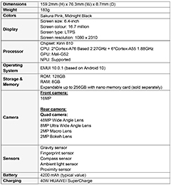 Key technical specifications of the Huawei nova 7i Android smartphone.