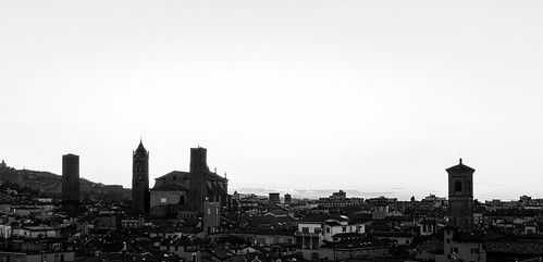 Bologna by Lorenzog., bologna cityscape city panorama sunset blackandwhite bw nikon p6000 emiliaromagna italy