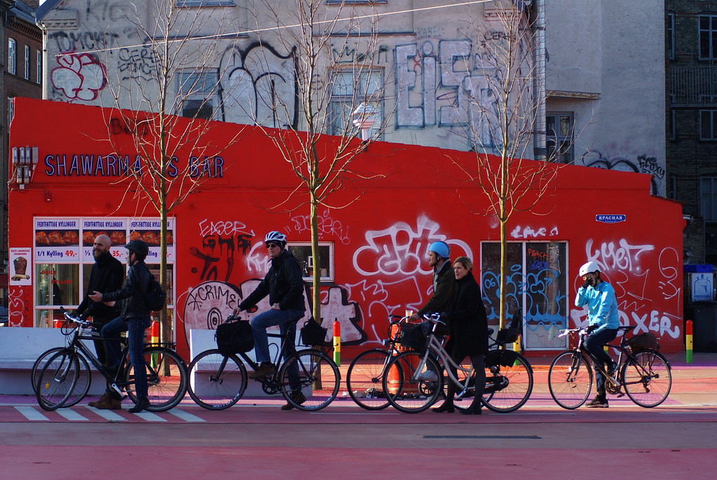 Cyclists on Red Square - district of Nørrebro - Copenhagen