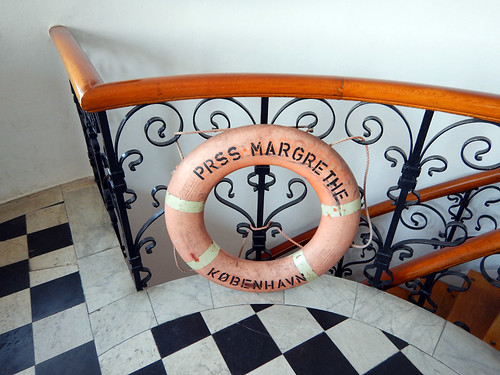 Lifebuoy on the decorative railings on the spiral staircase of Kullens Fyr lighthouse in Sweden
