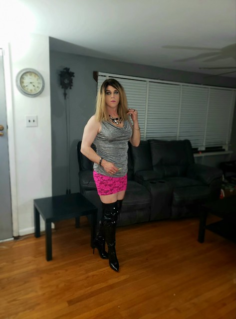 Pink Mini Skirt, Shimmery Top, and Thigh High Stiletto boots