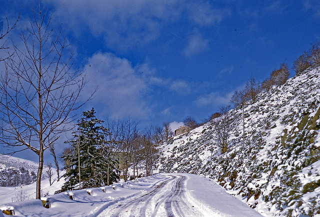Vintage Kodachrome. February 1955. Vallée de l'Ardèche (France). Randonnée hivernale dans le Massif Central.
