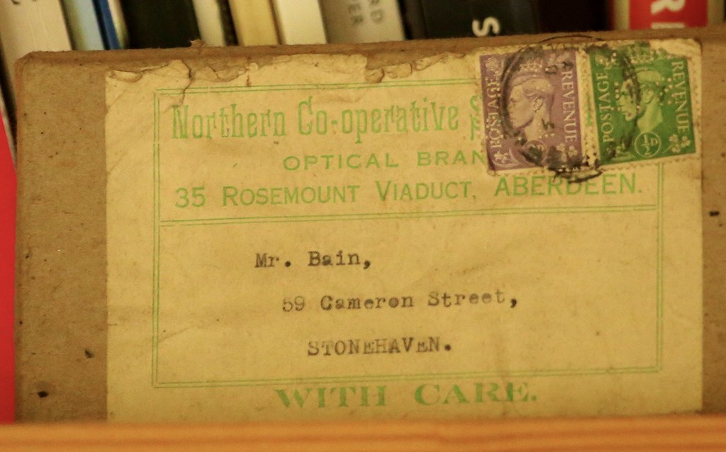 Package for Mr Charles Bain, 59 Cameron Street, Stonehaven from Northern Cooperative Society Optical Branch around 1945.