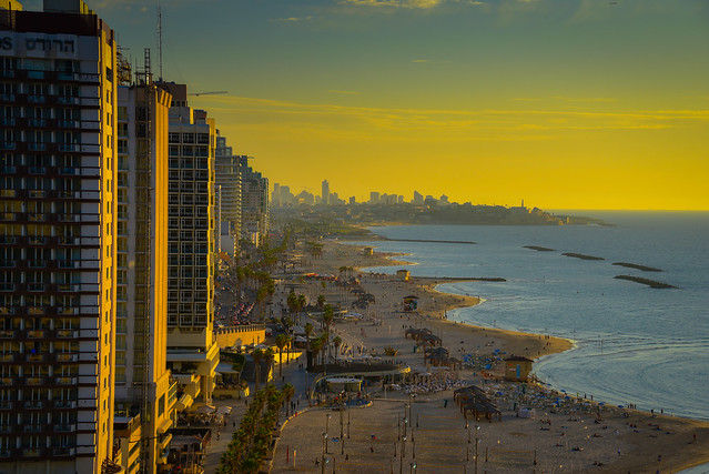 The Beaches at sunset viewed from the Carlton Hotel Tel Aviv Israel