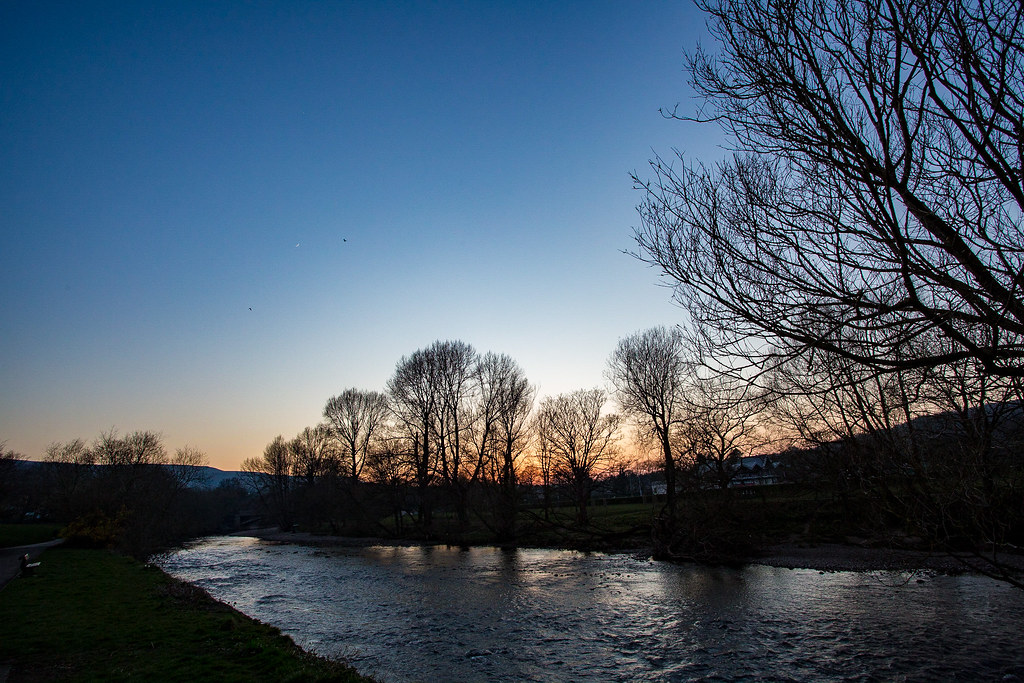 Another riverside sunset, on our daily exercise. If you look carefully you can see two birds and a new moon. Day 88 of my 2020 366 photo project. #ilkley #wharfedale #yorkshire #landscape #365 #riverwharfe #sunset #river