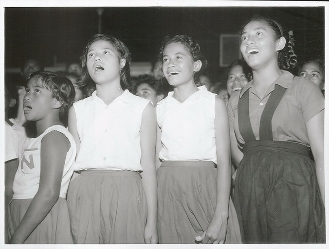 School children singing at the annual Break-up, Rarotonga, 1969