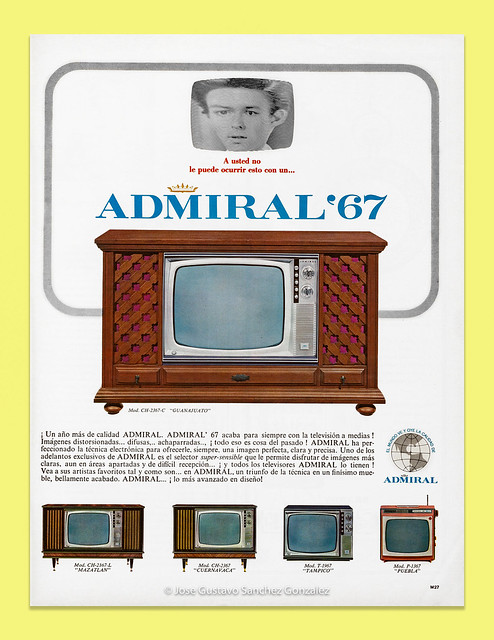 Admiral GUANAJUATO, MAZATLÁN, CUERNAVACA, TAMPICO and PUEBLA TV Sets advertising in Spanish LIFE magazine, December 5, 1966.