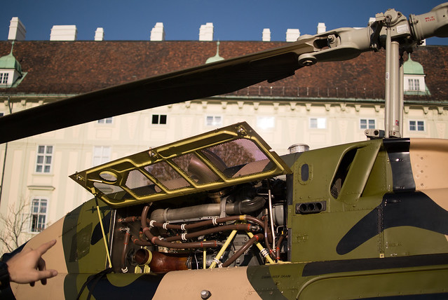 Open engine cover on a military helicopter