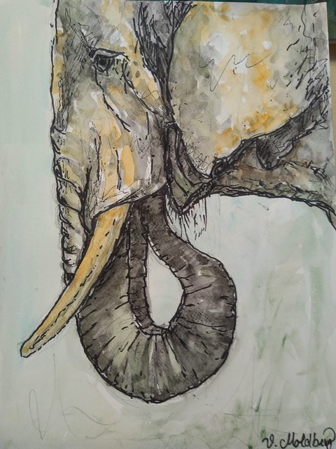 Elefant eating. Tusch and watercolor on paper.