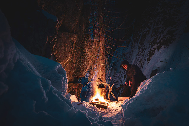 Campfire in a small gorge