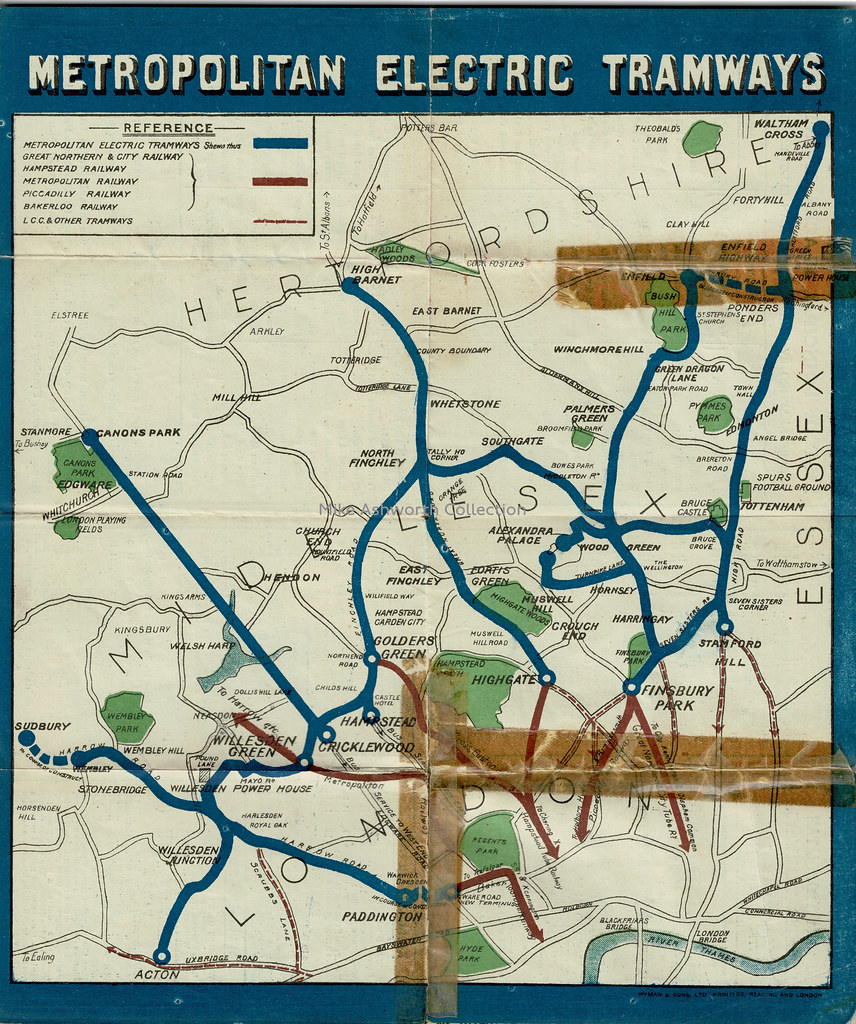 Metropolitan Electric Tramways, London - map of routes & particulars of services, c1908