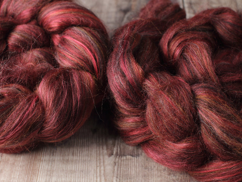 Indulgence British wool, baby Alpaca and Mulberry Silk blended top spinning fibre 100g in ‘Rosewood’