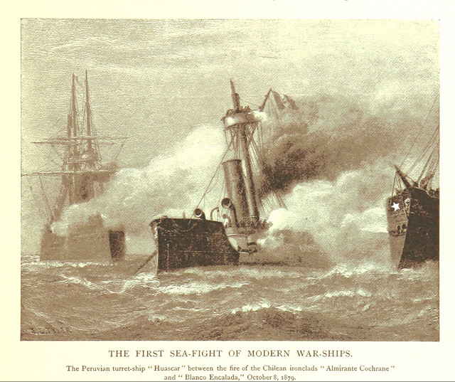 Batalla naval de Angamos los acorazados Blanco Encalada y el Almirante Cochrane capturan al monitor Huascar el  8 de octubre de 1879