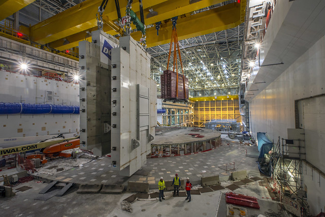 Inside the ITER Tokamak building where we have successfully tested our cranes by lifting 790 tonnes (grey) and 150 tonnes (red). Slowly and with precision as if they are real components. Cadarache, France  © ITER Organization