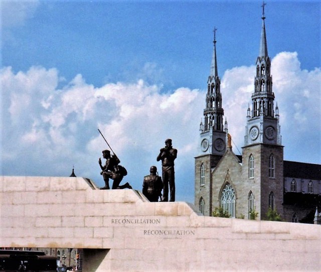 Reconciliation: The Peacekeeping Monument; Notre Dame Basilica, from a scan of a printed photograph, taken by my dad in 1995