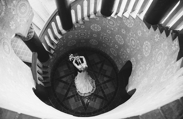 Bride and groom in Spiral Staircase