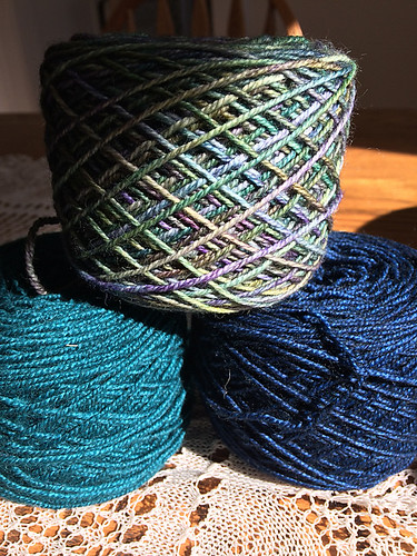 These are Kathy’s caked Malabrigo Dos Tierras yarn for Joji’s Odyssey Shawl for the Malabrigo Knit Along. Colourway I in the shop!