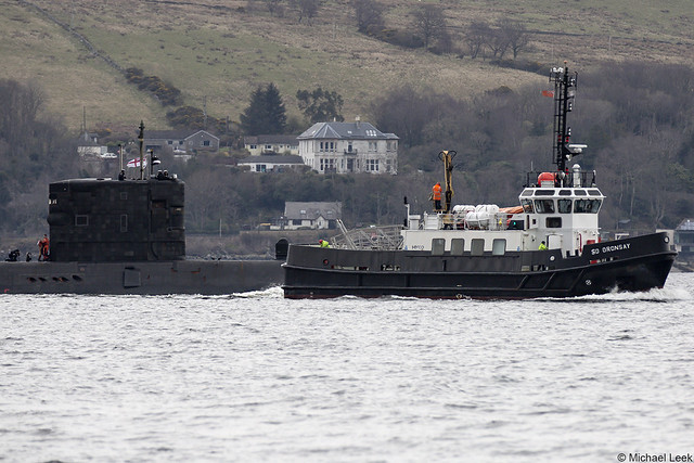 Naval auxiliary SD Oronsay and unidentified RN Trafalgar-class attack submarine; Loch Long, Firth of Clyde, Argyll, Scotland