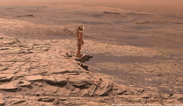 Greenheugh pediment, buttes and the plains of Gale crater with Matt Damon for scale - sol 2729