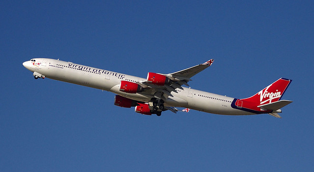 Virgin Atlantic Airways' Airbus A340-642, G-VATL 'Miss Kitty', taking off from Sydney Airport