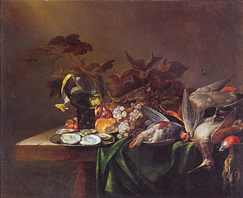 Still Life with Game Birds, A Plate of Oysters, and Grapes, all Resting on a Draped Table