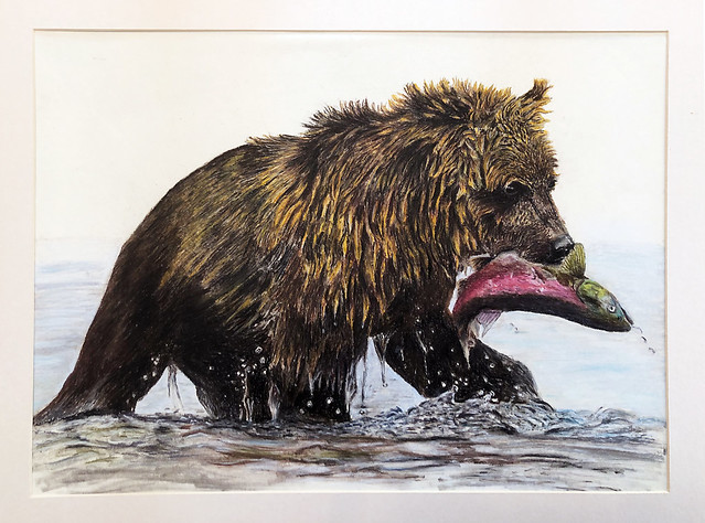 Grizzly saves salmon from drowning - Painting