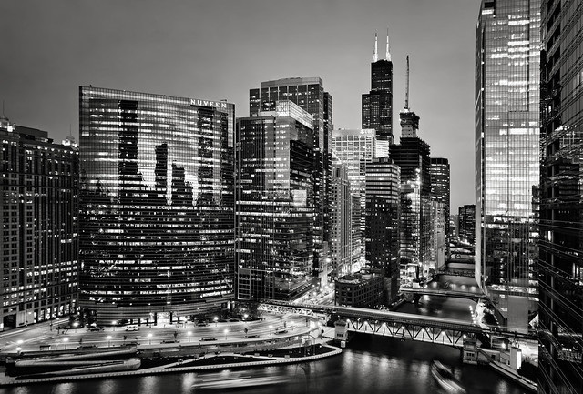 Chicago bridges at night B&W