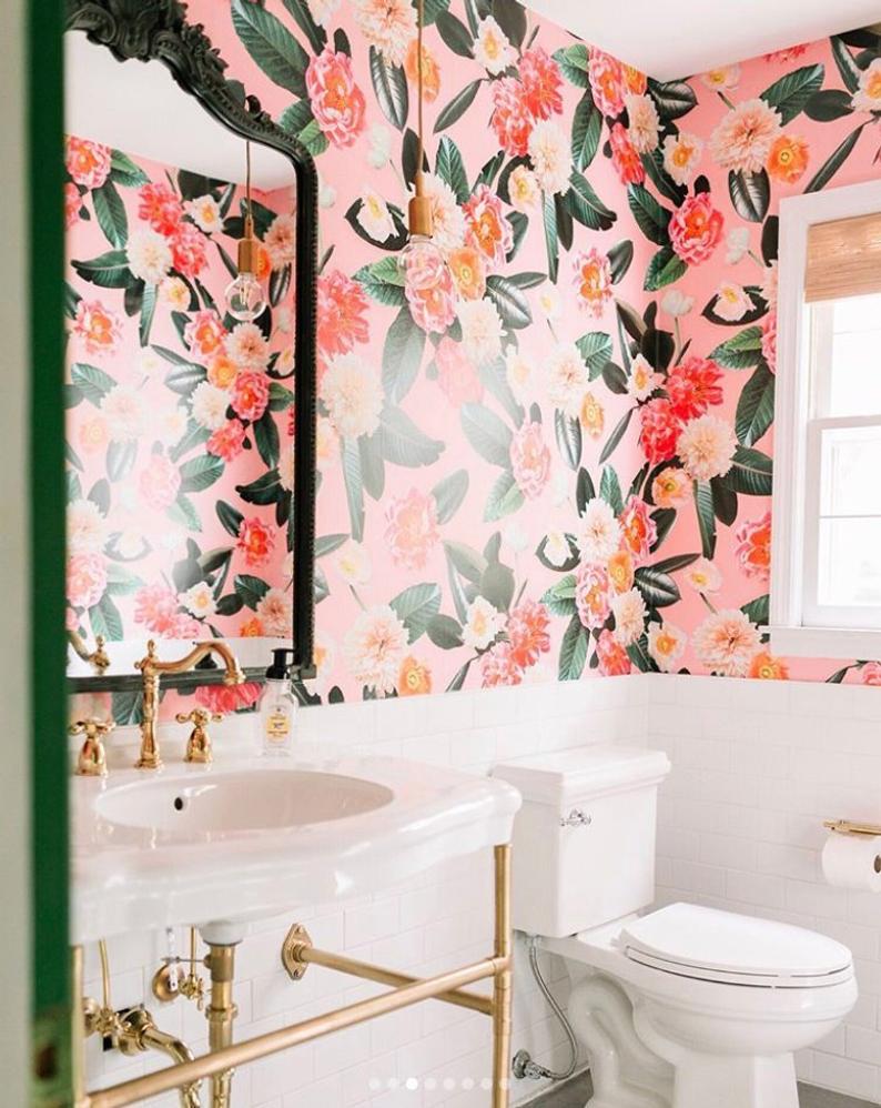 Removable Peel and Stick Fabric Floral Wallpaper | Pink Flower Wallpapered Bathroom Inspiration | Bold Girly Bathroom Ideas