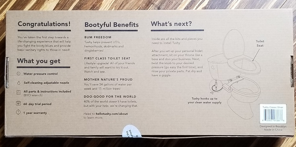 Back of the Tushy box with basic info including the benefits of a bidet