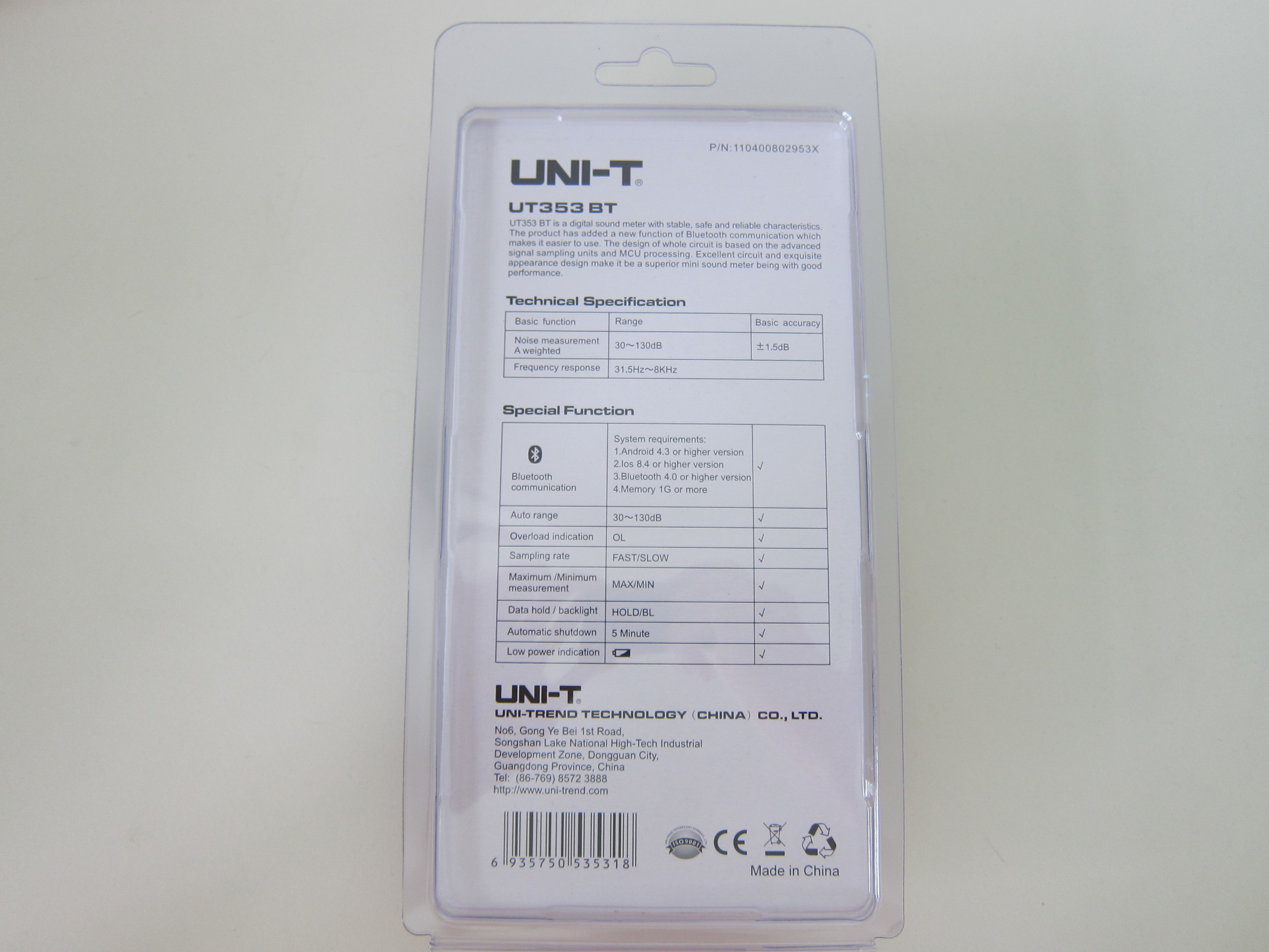 UT353BT Télémètre numérique Bluetooth avec détecteur de bruit 30-130 dB 