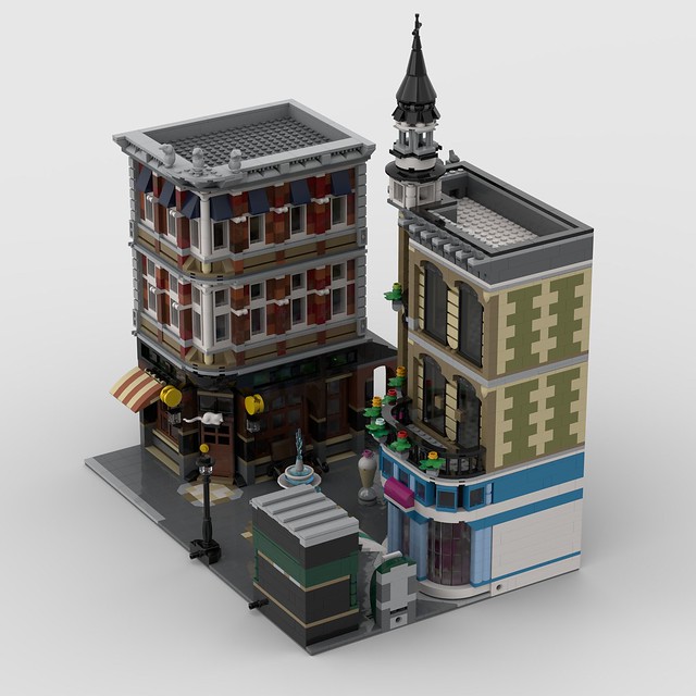 Lego MOC Modular • Brick Plaza: Cheese and Ice Cream Shops, News stand and ATM