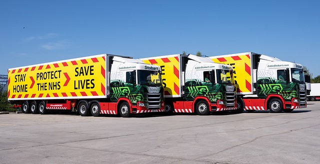 Eddie Stobart Save the NHS trailers parked in Widnes