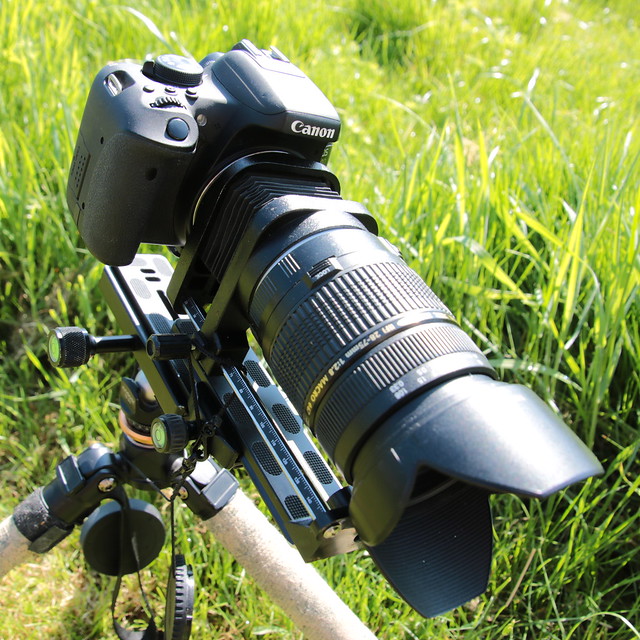 Montage Canon EOS 750D couplé Tamron 28-75mm sur soufflet double rail Arca Suiss sur trépied