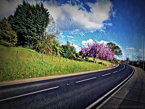 stirlingroad dumbarton lomondgate scotland road highway trees hill flowers sky clouds outdoor landscape vivid colour art artwork