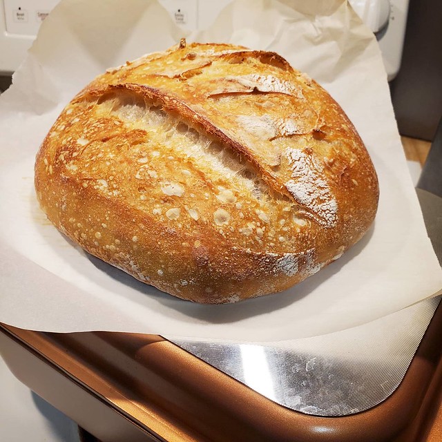 My second attempt at making a Sourdough Bread turned out ok dispite the mistakes I made. I think if the dough didn't stick to the towel in the proof basket this loaf would have risen higher... but I'm still happy. I put more starter this time since I didn