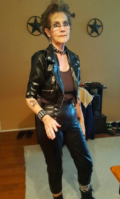 Sexy old granny wearing leather pants