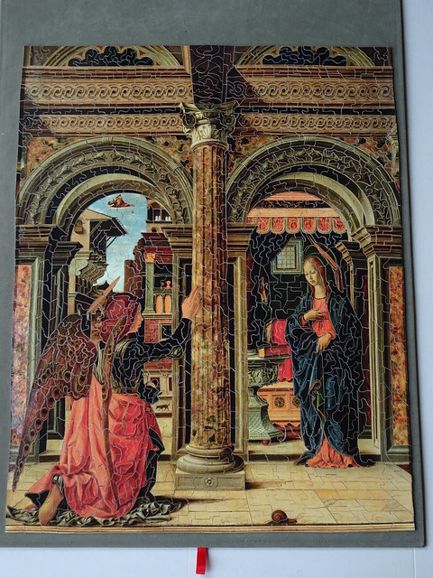 Completed Mystery Group Project Jigsaw - Genest Le Colimacon Annunciation by Francesco Del Cossa DSC08278