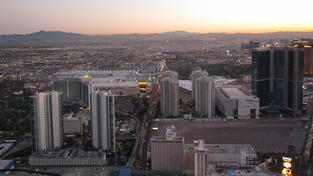 Nevada - Las Vegas:  Dusk over Paradise Road with WESTGATE Casino, the  Las Vegas Convention Center and McCarran International Airport