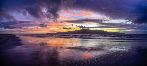 Sunset Reflection Panorama by David Hamments, ... on Waikanae Beach, with Kapiti Island in silhouette in the distancepanorama duskwalk waikanaebea