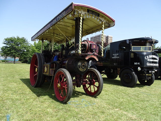 THE BURRELL STEAM ENGINE NEXT TO A SENTINEL  STEAM LORRY OR TRUCK AT A STEAM AND CIDER FESTIVAL IN AN EAST LONDON BOROUGH SUBURB STREET PARK VENUE EVENT ENGLAND  DSC02428